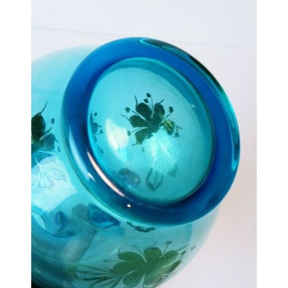 Aqua Blue Romanian Glass Decanter With Gold Floral Design & Handle - Picture 10 of 12